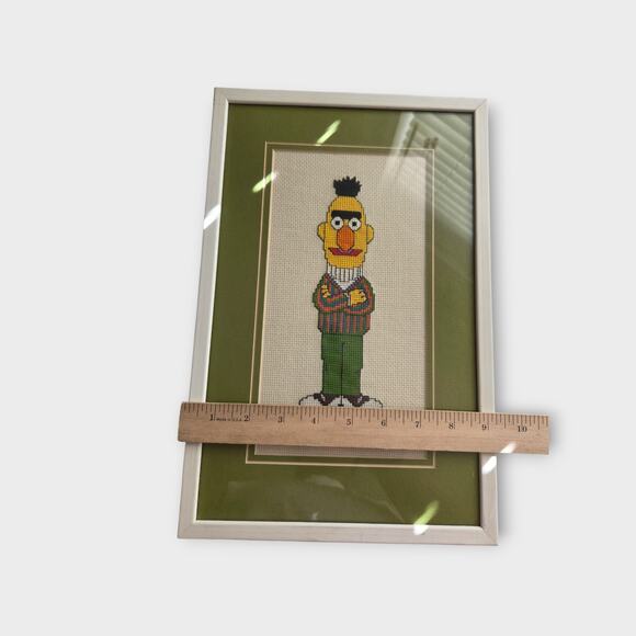 Vintage 1983 Bert Sesame Street Framed Cross-Stitch Art Green Matte - Picture 2 of 4